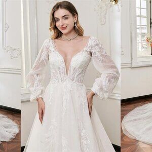 Darius Cordell - WT4840 - bishop long sleeve lace v-neck wedding gown